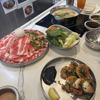 Mokkoji Shabu Shabu - Toro share beef set for 2 with half marinade and garlic shrimp appetizer - Hot Pot Near Me - Cypress, California Mokkoji Shabu Shabu - Toro share beef set for 2 with half marinade and garlic shrimp appetizer - Hot Pot Near Me - Cypress, California