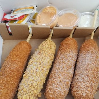 Mochinut - From L to R, original, ramen, half and half (2 - half mozzarella cheese/half hot dog). - Hot Dogs Near Me - Cerritos, California Mochinut - From L to R, original, ramen, half and half (2 - half mozzarella cheese/half hot dog). - Hot Dogs Near Me - Cerritos, California