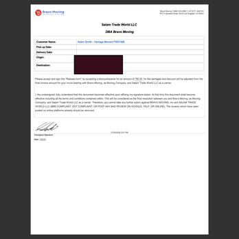 Bravo Moving - Fake agreement from Bravo's owner by way of extortion. - Movers Near Me - Glendale, California Bravo Moving - Fake agreement from Bravo's owner by way of extortion. - Movers Near Me - Glendale, California