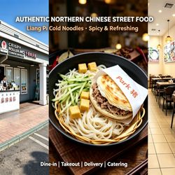 Crispy Rougamo - House‑made Liang Pi cold noodles. Spicy, refreshing Northern‑Chinese street food with fresh vegetables. Dine‑in, takeout, delivery & caterin