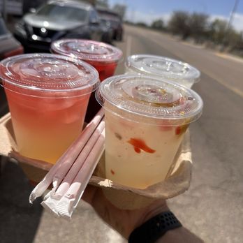 Kandels Street Sips - Lemonade back right, hibiscus back left, green chili lemonade front right, Mango Hibiscus Lemonade front left - Sandwiches Near Me - Tucumcari, New Mexico