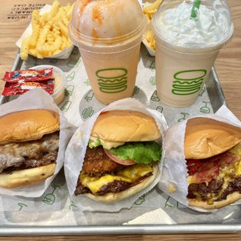 Shake Shack - Spectrum - (Left to Right) Roadside Double, Shack Stack, Smoke Stack Double - Burgers Near Me - Irvine, California Shake Shack - Spectrum - (Left to Right) Roadside Double, Shack Stack, Smoke Stack Double - Burgers Near Me - Irvine, California