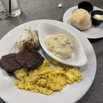 Scrambled Jake's - Homemade turkey sausage, grits, scrambled eggs, hashed brown casserole and biscuit - Breakfast & Brunch Near Me - Knoxville, Tennessee Scrambled Jake's - Homemade turkey sausage, grits, scrambled eggs, hashed brown casserole and biscuit - Breakfast & Brunch Near Me - Knoxville, Tennessee