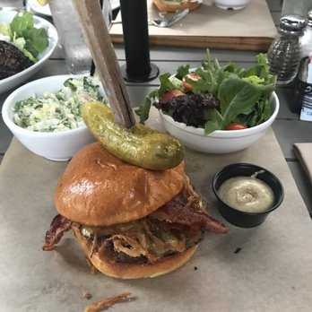 Buttonwood Grill - Guinness Onion and Bacon Burger w/Coleslaw and side salad. - New American Near Me - Lahaska, Pennsylvania Buttonwood Grill - Guinness Onion and Bacon Burger w/Coleslaw and side salad. - New American Near Me - Lahaska, Pennsylvania