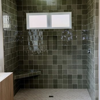 Jones Custom Tile - Shower in moss green 5x5 tiles and floor in luxury marfil 3x3 hexagon tile - Flooring Near Me Jones Custom Tile - Shower in moss green 5x5 tiles and floor in luxury marfil 3x3 hexagon tile - Flooring Near Me