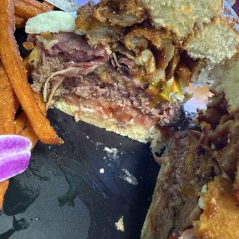 Guieb Cafe - Cowboy burger w/ 2 eggs over easy And sweet potato fries - New American Near Me - Honolulu, Hawaii Guieb Cafe - Cowboy burger w/ 2 eggs over easy And sweet potato fries - New American Near Me - Honolulu, Hawaii