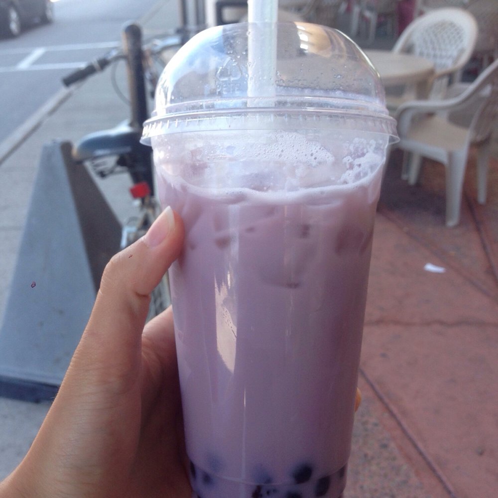 Tea Leaf Cafe - Taro raspberry bubble tea. About $4 for a large. - Coffee & Tea Near Me - Amherst, New York Tea Leaf Cafe - Taro raspberry bubble tea. About $4 for a large. - Coffee & Tea Near Me - Amherst, New York