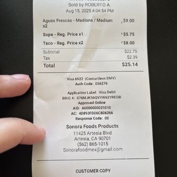 Sonora Food Products - My receipt for transparency - Mexican Near Me - Artesia, California