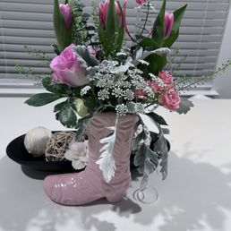 Pink flowers in a pink boot! Pink flowers in a pink boot!