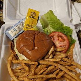 Cheeseburger and fries to go, yummy!