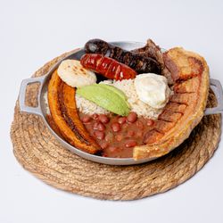 Fonda Colombiana - Colombia's most iconic dish with grilled steak, rice, Colombian red beans, sweet plantain, chorizo, fried egg, avocado, and corn arepa.