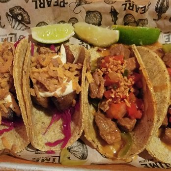 Pearl & Lime - Tacos! $5.25 each (as of 2/2023) - Left 2 are Guisada and the Right 2 are Pork Belly! - Latin American Near Me - Quincy, Massachusetts