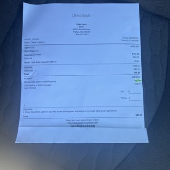 Deka Lash - The paper I was given stating to sign for paying this amount but just taken out of my account instead. - Eyelash Service Near Me - Parker, Colorado