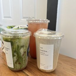 Cold brew with vanilla cloud Matcha with strawberry puree Iced strawberry black tea Cold brew with vanilla cloud Matcha with strawberry puree Iced strawberry black tea