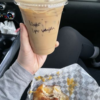 Mocha Motion - Vanilla iced latte and sausage egg and cheese bagel sandwich - Coffee & Tea Near Me - Forks, Washington Mocha Motion - Vanilla iced latte and sausage egg and cheese bagel sandwich - Coffee & Tea Near Me - Forks, Washington