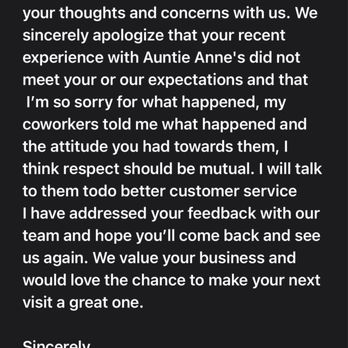 Auntie Anne's - Store manager response - Pretzels Near Me - Aurora, Colorado