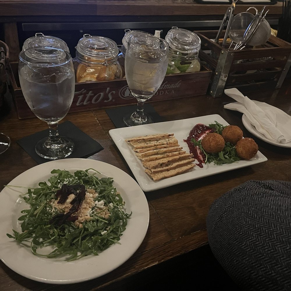 Beet & Arugula salad/Goat Cheese crostinis with jam. Beet & Arugula salad/Goat Cheese crostinis with jam.