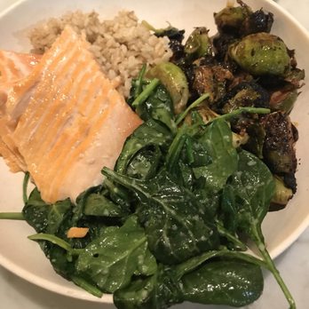 Flower Child - Brown rice bowl with salmon, spinach, and brussels - Vegetarian Near Me - Dallas, Texas Flower Child - Brown rice bowl with salmon, spinach, and brussels - Vegetarian Near Me - Dallas, Texas