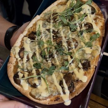 The Crazy Cork Wine Bar - Mushroom, caramelized onion puree, blue cheese, mozzarella, truffle aioli flat bread (V) - Wine Bars Near Me - Oviedo, Florida