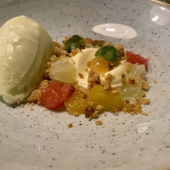 Le Christine - Fruit with Basil  Ice Cream and crumbs. This is delish! - French Near Me - Paris, 01