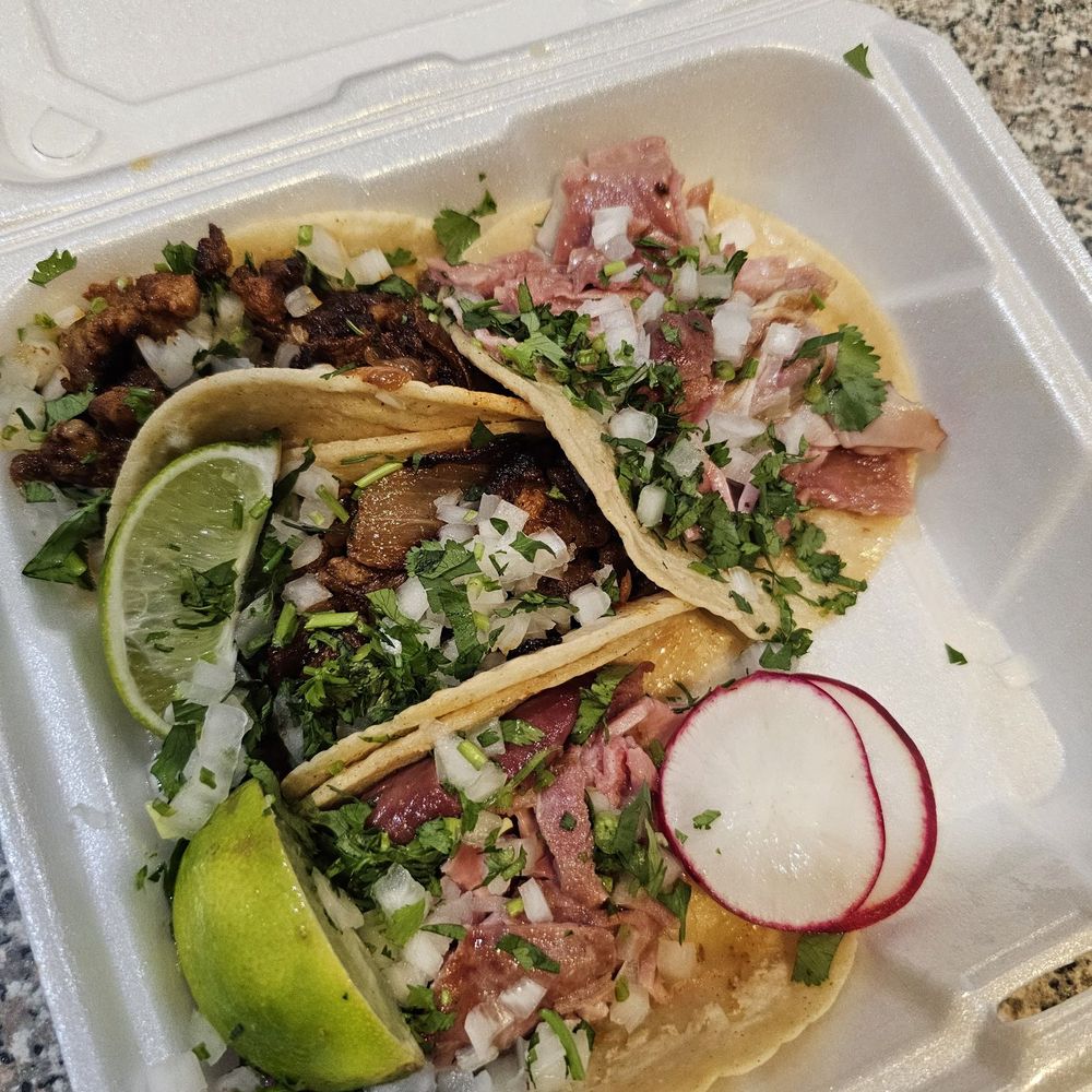 Los Tres Cochinitos - Top left: al pastor tacos  Bottom and top right: buche tacos - Mexican Near Me - Las Vegas, Nevada