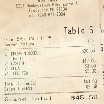 Thai Table - The check - Thai Near Me - Frederick, Maryland Thai Table - The check - Thai Near Me - Frederick, Maryland