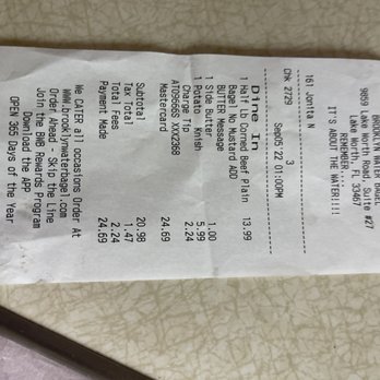 Brooklyn Water Bagel - Receipt. Potato knish, samdwich - Coffee & Tea Near Me - Lake Worth, Florida