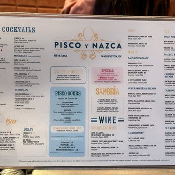 Pisco y Nazca Ceviche Gastrobar - Drinks Menu - Peruvian Near Me - Washington, DC, District of Columbia