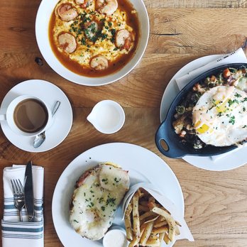 The Dearborn - Top is shrimp and grits, right is pork belly hash and bottom is croque madame with fries - New American Near Me - Chicago, Illinois