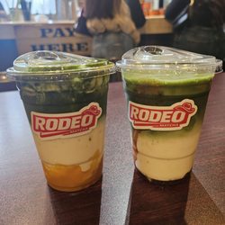 Rodeo Matcha - Mango sticky rice matcha (left) and guava matcha (right)