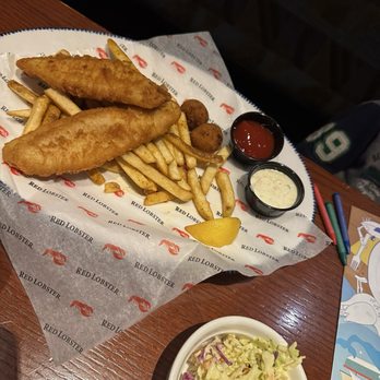 Red Lobster - FISH & CHIPS 21.99 Beer-battered, wild-caught cod served with Chesapeake fries, coleslaw and hush puppies. 1660 Cal - Seafood Near Me - Vallejo, California
