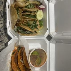 Pollo, asada, and carnitas tacos and queso birria tacos .