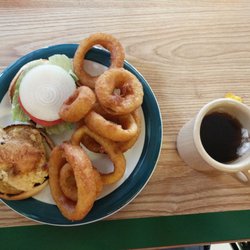 Mary's Place - Grilled chicken sandwich and onion rings.
