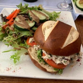 Cafe Alsace - "Mauricette" -- chicken salad with cranberries, almonds and basil on pretzel roll - French Near Me - Decatur, Georgia Cafe Alsace - "Mauricette" -- chicken salad with cranberries, almonds and basil on pretzel roll - French Near Me - Decatur, Georgia