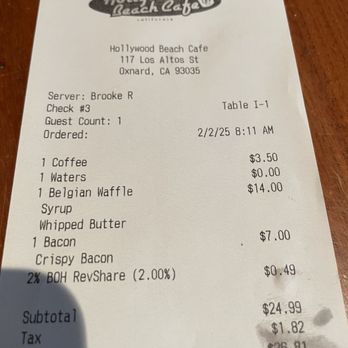 Hollywood Beach Cafe - gosh $7 bacon. At least it was several pieces. - Breakfast & Brunch Near Me - Oxnard, California Hollywood Beach Cafe - gosh $7 bacon. At least it was several pieces. - Breakfast & Brunch Near Me - Oxnard, California