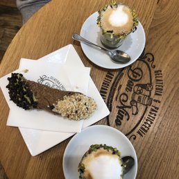 Pistachio macchiatos and a cannoli duet. Next time, just get all pistachio. Pistachio macchiatos and a cannoli duet. Next time, just get all pistachio.