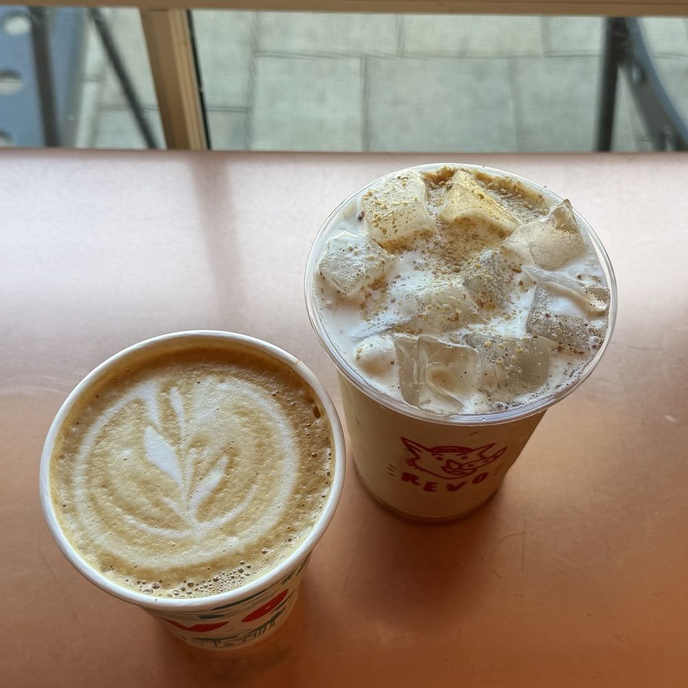 Revolution Roasters - Iced campfire latte with marshmallow cold foam & hot honey lavender latte - Coffee & Tea Near Me - Oceanside, California