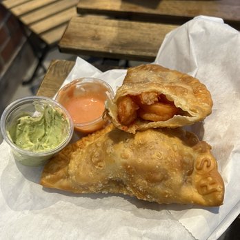 Empanada City - Shrimp Empanada and avocado sauce + pink sauce - my favorite combination! - Empanadas Near Me - Brooklyn, New York Empanada City - Shrimp Empanada and avocado sauce + pink sauce - my favorite combination! - Empanadas Near Me - Brooklyn, New York