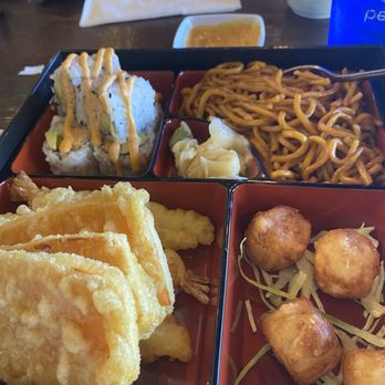 Shoku Sushi & Bar - Bento Box - Shrimp Tempura and Sweet Potato with Spicy California Roll, Shumai, and Lo Mein - Japanese Near Me - Monroe, North Carolina
