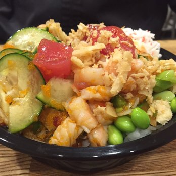 All About Poke - Tuna, salmon, crab, white rice, edamame, cucumber, crispy onions, & a mix of sauces. - Seafood Near Me - Burbank, California All About Poke - Tuna, salmon, crab, white rice, edamame, cucumber, crispy onions, & a mix of sauces. - Seafood Near Me - Burbank, California