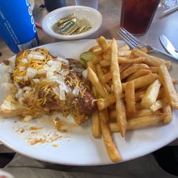 Chili dog with fries. The chili is really good. Chili dog with fries. The chili is really good.