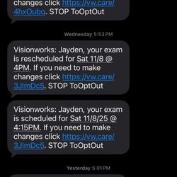 Visionworks - Text thread with NO message indicating I need to confirm appointment.