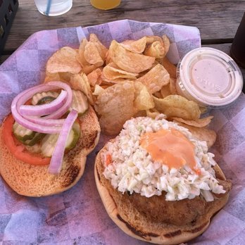 Lazy Turtle Oceanfront Grille - Crab cake sandwich with chips - American Near Me - Oak Island, North Carolina Lazy Turtle Oceanfront Grille - Crab cake sandwich with chips - American Near Me - Oak Island, North Carolina