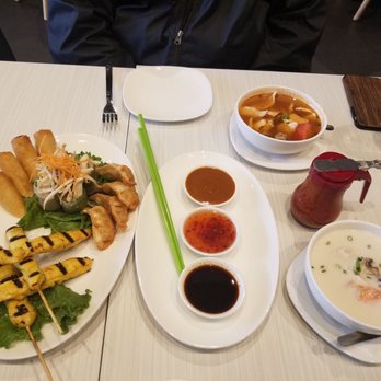 Asian Mint - Mint Sampler, sauces and cups of Coconut Thai soup with Chicken and Spicey Tom Yum soup with chicken - Thai Near Me - Richardson, Texas