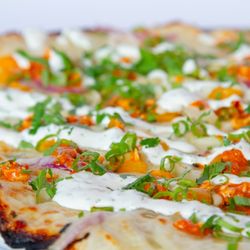 Gather 22 - Patatas Brava
Oil Base, Roasted Potato, Red Pepper, Onion, Fresh Mozzarella, Romesco, Cilantro, Lime Crema, Green Onion