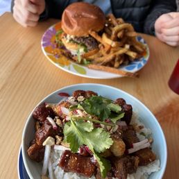 Front: pork belly rice bowl special Back: hamburgha Front: pork belly rice bowl special Back: hamburgha