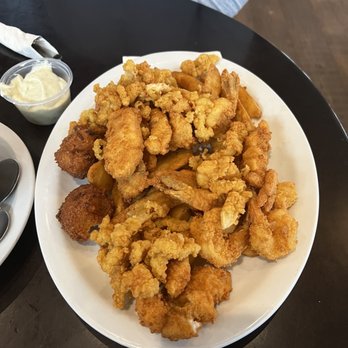 St Augustine Fish Camp - Shrimp clams and cod w/ fries and 2 hush puppies. - Seafood Near Me - St Augustine, Florida