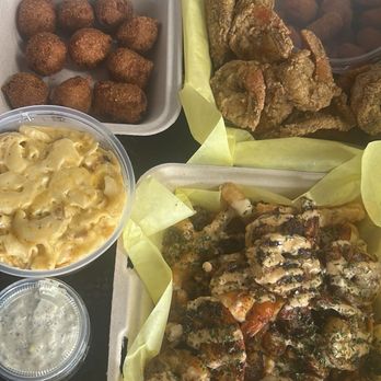 Chef2thebone Fish Fry & More - The Whole Chabang, mac n cheese, shrimp & crawdish fries, hushpuppies, fried okra - Southern Near Me - Corona, California Chef2thebone Fish Fry & More - The Whole Chabang, mac n cheese, shrimp & crawdish fries, hushpuppies, fried okra - Southern Near Me - Corona, California