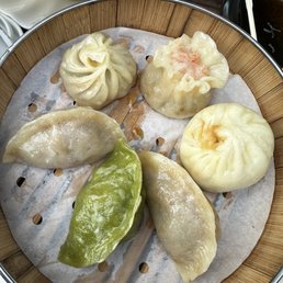 Steamed Pork Bun, Steamed Soup Bun, Shrimp&pork Siu Mai, Vegetarian Fried Dumpling, & Pork Cabbage Fried Dumpling