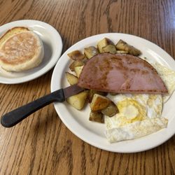 Third Alarm Diner - My usual: 2 eggs over easy, ham, home fries snd grilled english muffins